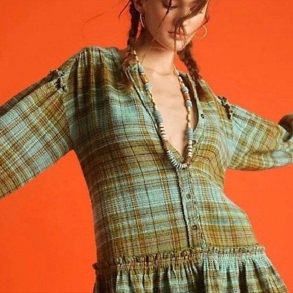 Free people Alexa Plaid Mini Dress XL Green and Brown bohemian boho NEW - Picture 3 of 11